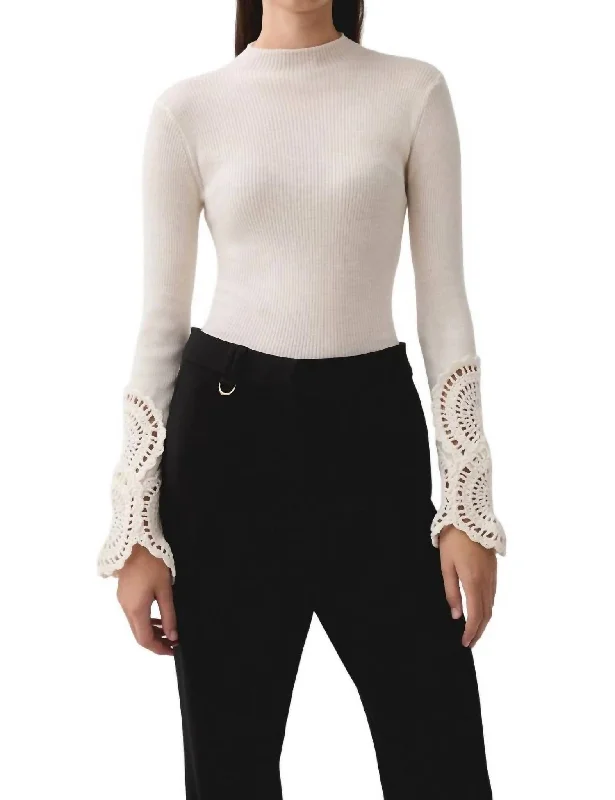 Plus Size Women's Tunic - Style Sweater Dresses with PocketsMosaic Crochet Detail Knit Top In Ivory