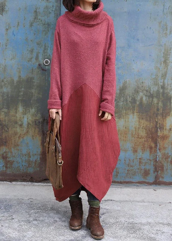 Plus Size Women's Asymmetric Hem Sweater Dresses in Modern DesignsPullover patchwork Sweater high neck dress outfit Design red Mujer sweater dress