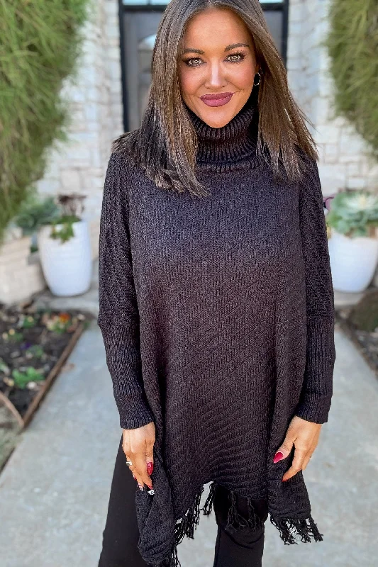 Sleeveless Women's Silk - Trimmed Sweaters for SummerRoll-neck Black Poncho Sweater