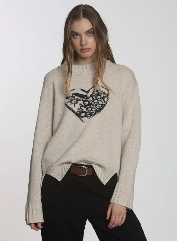High - Low Hem Women's Cashmere - Blended SweatersScroll Heart - Ecru/coal