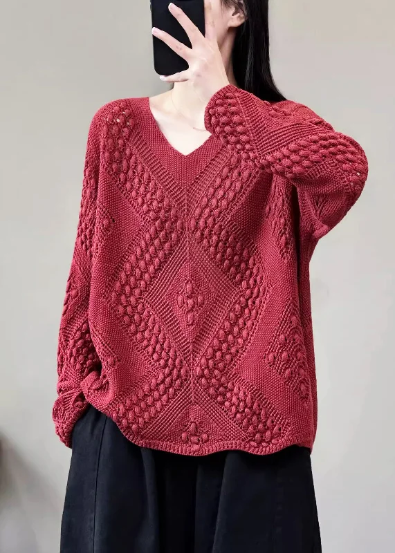 Bell - Sleeve Women's Mohair - Wool Blend SweatersSimple Red Solid V Neck Cotton Knit Sweaters Long Sleeve Bell - Sleeve Women's Mohair - Wool Blend SweatersSimple Red Solid V Neck Cotton Knit Sweaters Long Sleeve