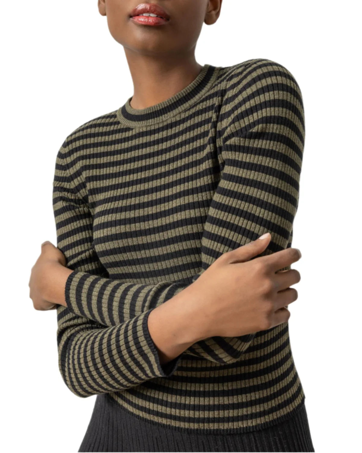 Open - Front Women's Cardigan - Style Mohair SweatersStriped Crewneck Sweater Loden/Black Open - Front Women's Cardigan - Style Mohair SweatersStriped Crewneck Sweater Loden/Black