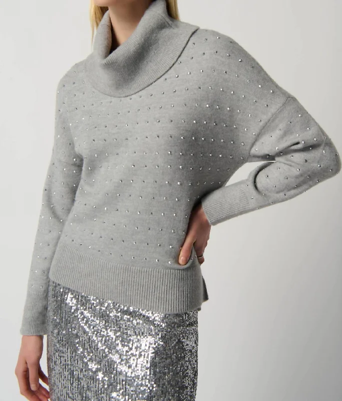Sleeveless Women's Silk - Trimmed Sweaters for SummerStudded Cowl Neck Sweater In Light Grey Melange Sleeveless Women's Silk - Trimmed Sweaters for SummerStudded Cowl Neck Sweater In Light Grey Melange