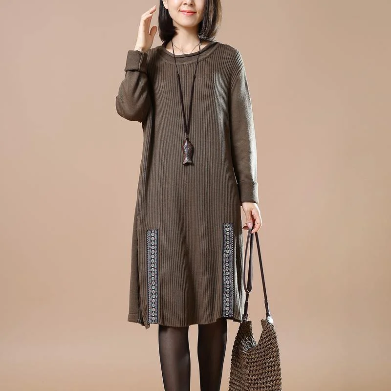 Plus Size Women's Long Sleeve Cable Knit Sweater Dressesstylish khaki sweater dress oversized spring dresses boutique hem patchwork long sweaters