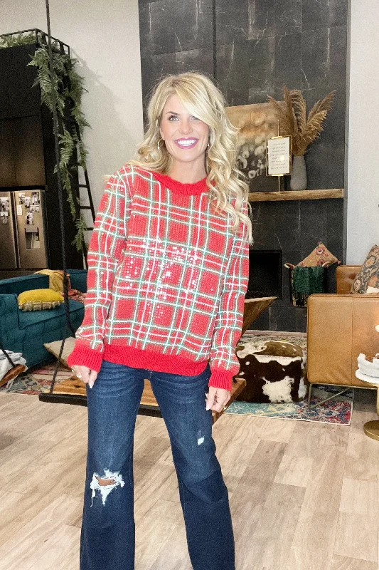 Red Sequin Plaid Sweater