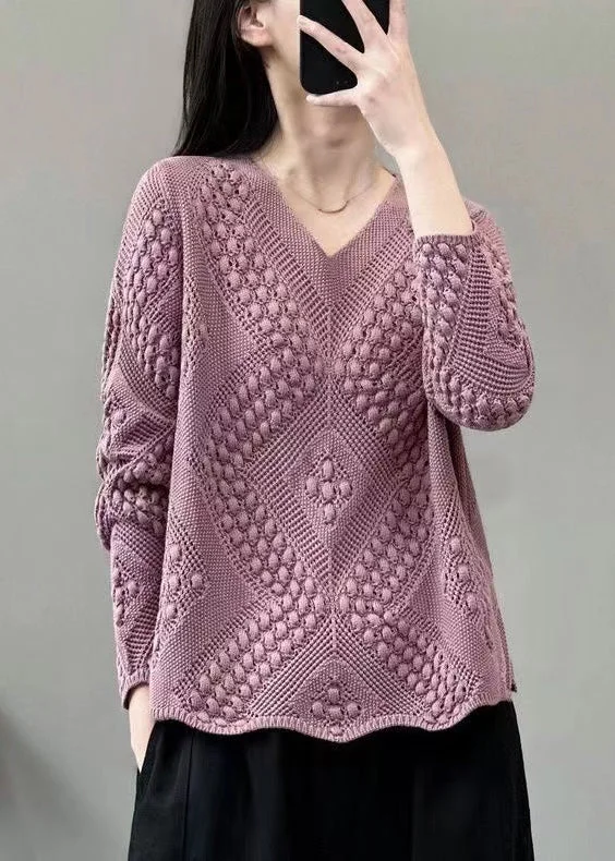 Split - Hem Women's Linen Blend Sweaters for SpringVersatile Purple Pink V Neck Knitting Cotton Sweaters Top Spring