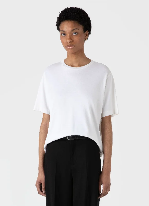 Ringer T Shirt Women with Retro - Inspired StripesWomen's Boxy Silk T-shirt in White Ringer T Shirt Women with Retro - Inspired StripesWomen's Boxy Silk T-shirt in White