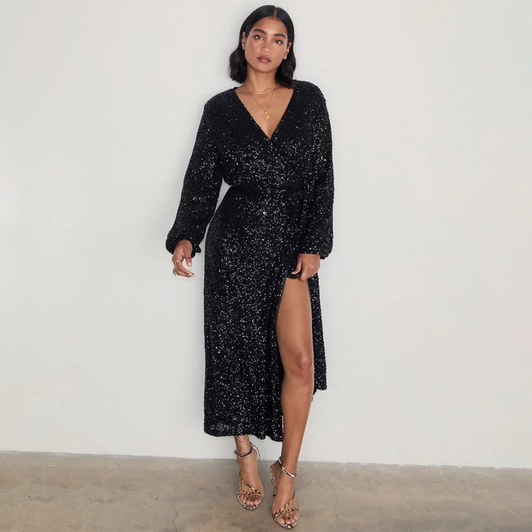 Plus Size Women Dress with a Flattering A - Line Cut for Comfort and StyleBlack Sequin Kira Wrap Dress Plus Size Women Dress with a Flattering A - Line Cut for Comfort and StyleBlack Sequin Kira Wrap Dress