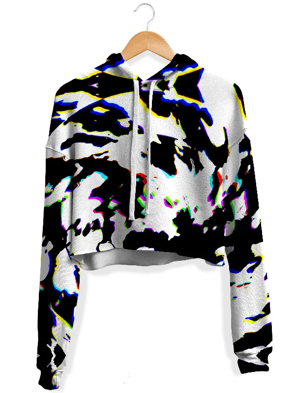 Women's cropped sweatshirt with a slogan graphic for a fun and expressive lookCow Hide Print Rave Drip Fleece Crop Hoodie