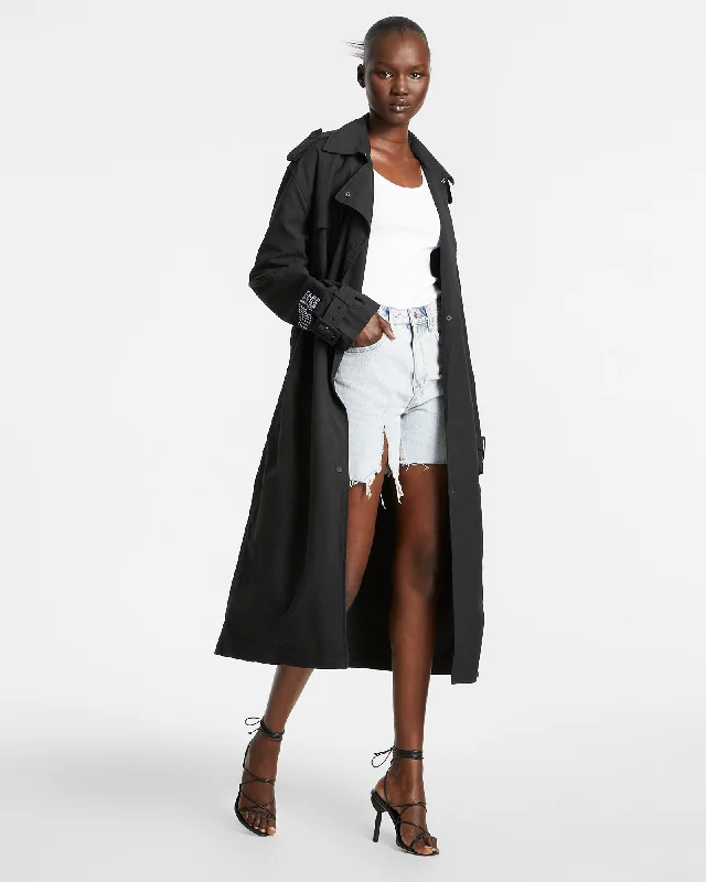 Women's trench coats with a removable belt for customizable stylingCYPHER TRENCH COAT BLACK