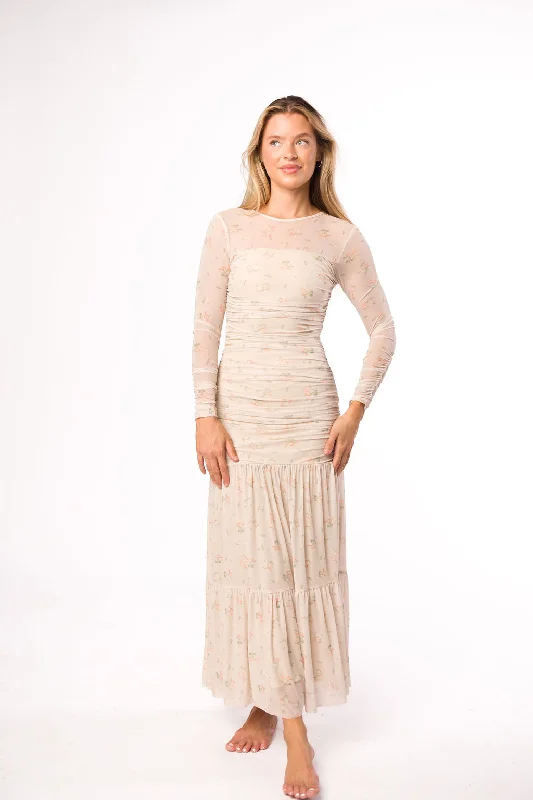 Camille Mesh Gathered Side Seam Maxi Dress in Nude Multi Floral