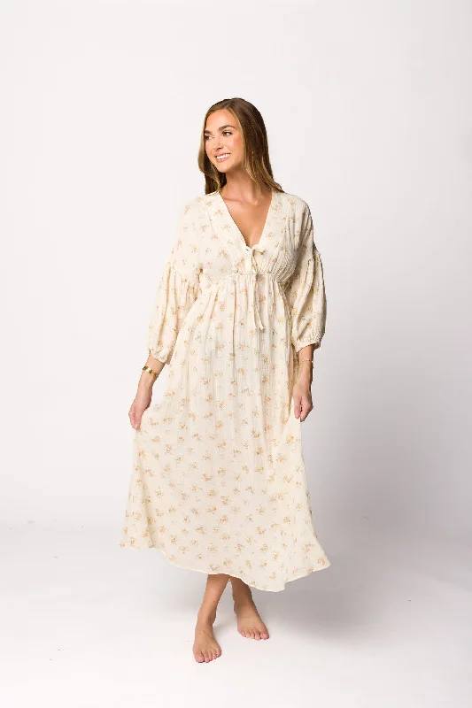 Hunter 100% Cotton Gauze Midi Dress in Taupe Floral - Bump Friendly