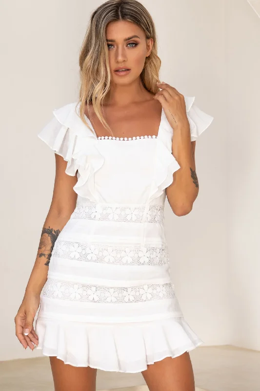 Good Graces Ruffle Shoulder Crochet Insert Dress White