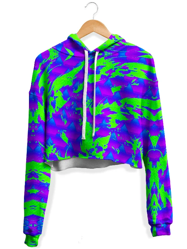 Women's quarter - zip sweatshirt made of organic cotton for eco - conscious fashionGreen and Purple Hypno Splatter Fleece Crop Hoodie