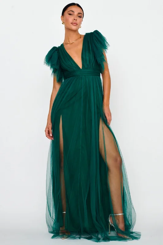 Heaven's Love Deep V-Neck Tulle Maxi Dress Hunter Green