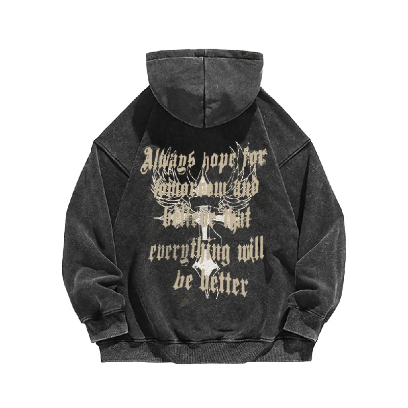 Women's cropped sweatshirt with a slogan graphic for a fun and expressive lookHigh Street Cross Wings Letter Washed Hoodie