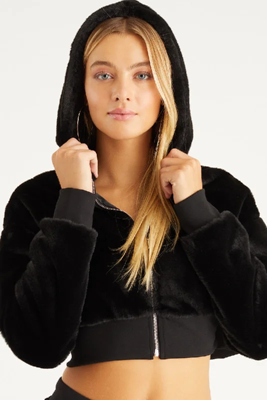 Women's tie - front hoodie in a lightweight fabric for summer layeringCropped Faux Fur Jacket