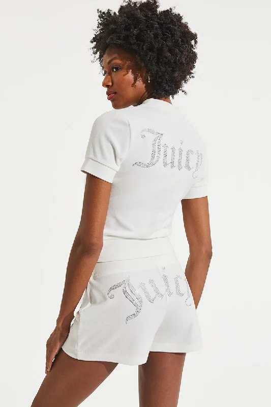 Women's cropped sweatshirt with a lace - trimmed hem for a romantic lookShort Sleeve Big Bling Cotton Velour Zip-Up