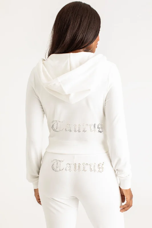 Women's hoodie with a kangaroo pocket and a pom - pom drawstring for added charmTaurus Big Bling Velour Hoodie Women's hoodie with a kangaroo pocket and a pom - pom drawstring for added charmTaurus Big Bling Velour Hoodie