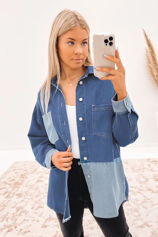 Women's military - style jackets with epaulets for a tough and fashionable appearanceKilah Denim Shacket Blue Women's military - style jackets with epaulets for a tough and fashionable appearanceKilah Denim Shacket Blue