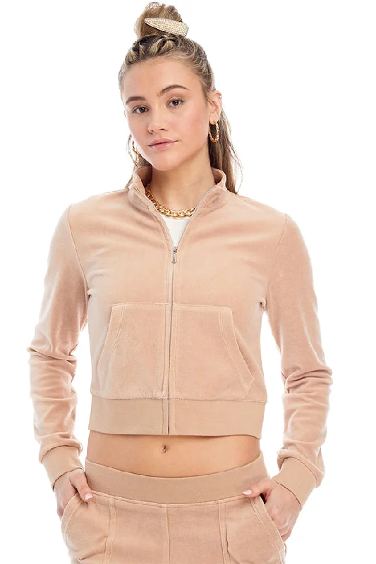 Women's cropped sweatshirt with a slogan graphic for a fun and expressive lookMockneck Velour Track Jacket—REJUICED Women's cropped sweatshirt with a slogan graphic for a fun and expressive lookMockneck Velour Track Jacket—REJUICED