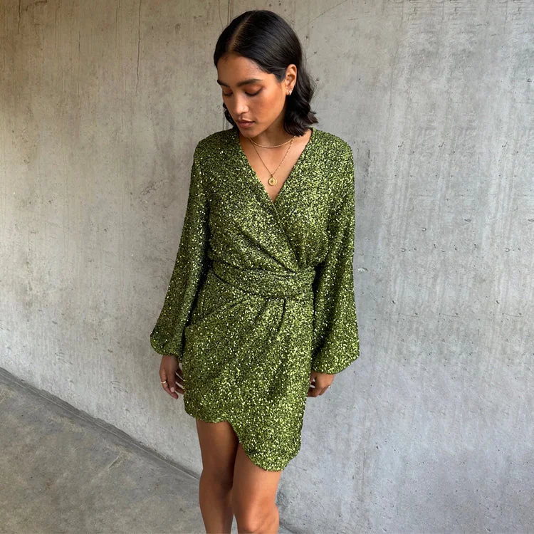 Off - the - Shoulder Women Dress for a Romantic and Feminine LookOlive Sequin Mini Vienna Dress Off - the - Shoulder Women Dress for a Romantic and Feminine LookOlive Sequin Mini Vienna Dress