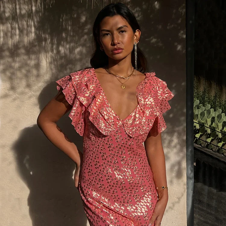 Ruffled Women Dress with Multiple Layers for a Playful and Girly StylePink Jacquard Tilda Dress Petite Ruffled Women Dress with Multiple Layers for a Playful and Girly StylePink Jacquard Tilda Dress Petite