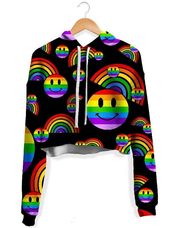 Women's tie - dye hoodie in bright colors for a retro and eye - catching styleRainbow Love Fleece Crop Hoodie Women's tie - dye hoodie in bright colors for a retro and eye - catching styleRainbow Love Fleece Crop Hoodie