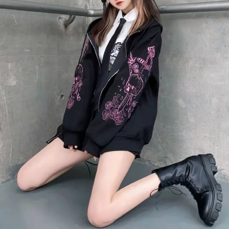 Women's pullover hoodie with a side slit for a modern and relaxed fitRebel Radiance: Punk Gothic Anime Skull Street Hoodie - Defy Conventions in Black! ??