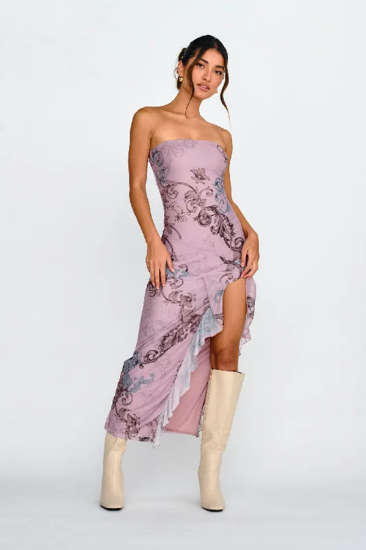 Shelby Strapless Ruffle Split Midi Dress Mauve