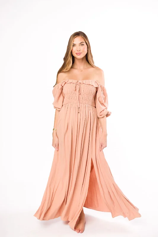 Devon Smocked Maxi Dress in Peach Clay - Bump Friendly