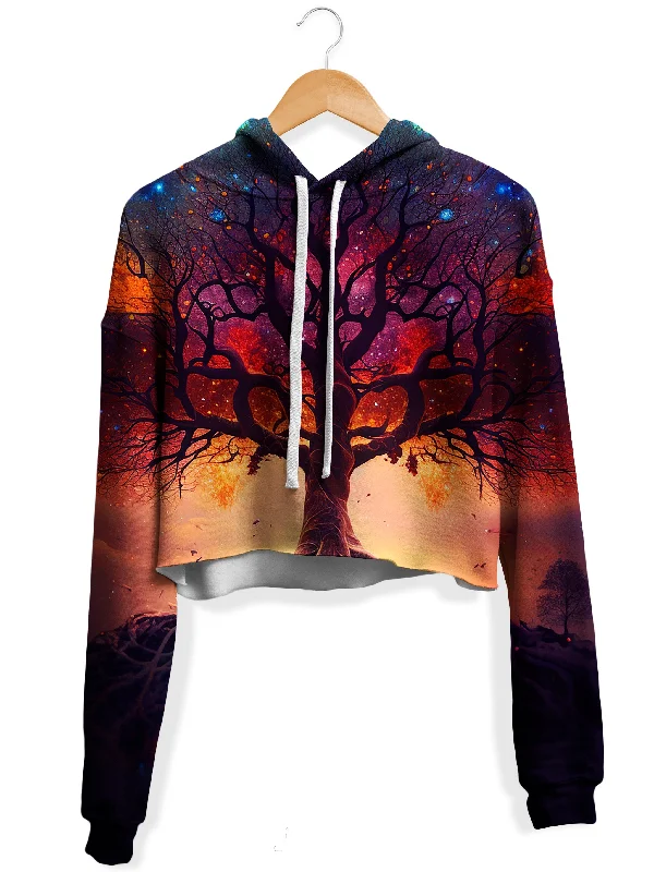 Women's color - block hoodie combining bold hues for a fashion - forward statementSunset Fractal Tree Fleece Crop Hoodie