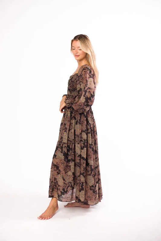 Blaine Smocked Maxi Dress in Black Floral (Almost sold out, cannot be restocked)