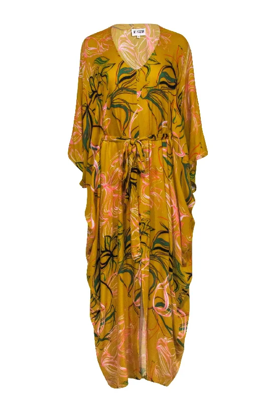 Printed Abstract Women Dress for a Modern and Artistic Appeal Printed Abstract Women Dress for a Modern and Artistic Appeal Bel Kazan - Mustard Yellow w/ Multicolor Floral Print Cover Up Dress One Size