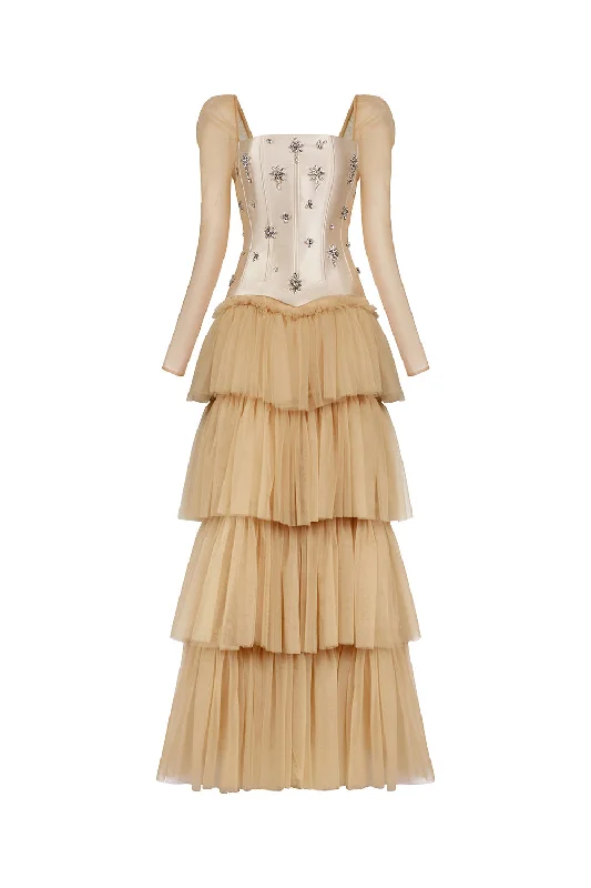 Satin maxi dresses with a high - low hem for a modern twistImperium Layered Corset Waist Mesh Taffeta Maxi Dress Satin maxi dresses with a high - low hem for a modern twistImperium Layered Corset Waist Mesh Taffeta Maxi Dress
