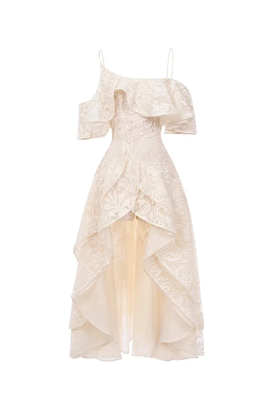 Maxi dresses with a criss - cross back for a flirty and unique detailMermaid Asymmetric Cold Shoulder Sleeved Mesh Lace Ankle Length Dress Maxi dresses with a criss - cross back for a flirty and unique detailMermaid Asymmetric Cold Shoulder Sleeved Mesh Lace Ankle Length Dress