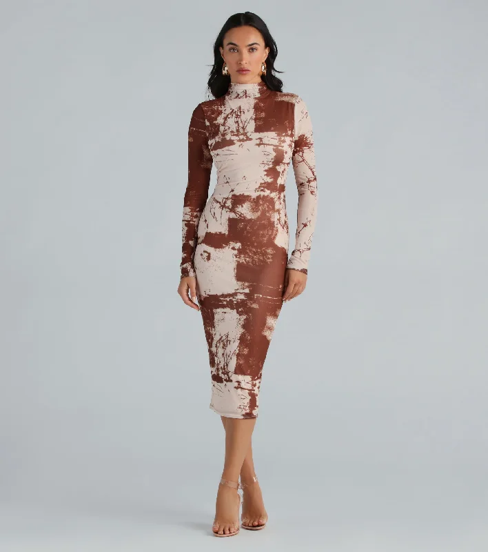 Midi dresses with one - shoulder designs for a modern and asymmetric styleAbstract Moment Mesh Mock Neck Midi Dress Midi dresses with one - shoulder designs for a modern and asymmetric styleAbstract Moment Mesh Mock Neck Midi Dress