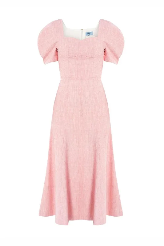 Alber A-line Semi-Heart Neck Linen Silk Midi Dress