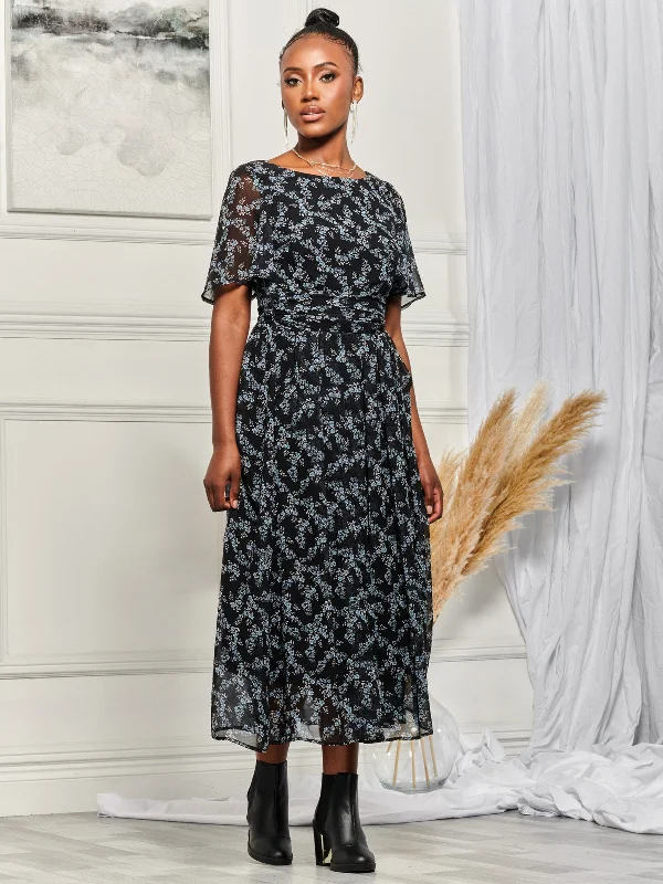 Plaid midi dresses for a fall - themed family gatheringAngel Sleeve Chiffon Maxi Dress, Black Ditsy Plaid midi dresses for a fall - themed family gatheringAngel Sleeve Chiffon Maxi Dress, Black Ditsy