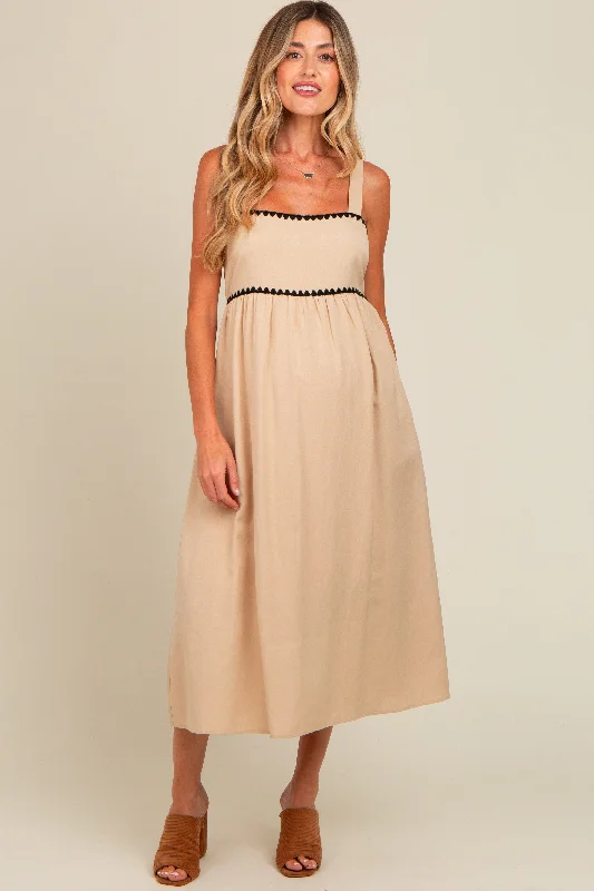 Beige Contrast Trim Maternity Midi Dress