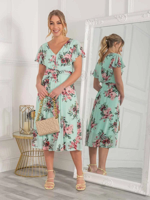Midi dresses with ruched sleeves for a more fitted and stylish arm lookBethany Mesh Midi Dress, Green Floral Midi dresses with ruched sleeves for a more fitted and stylish arm lookBethany Mesh Midi Dress, Green Floral