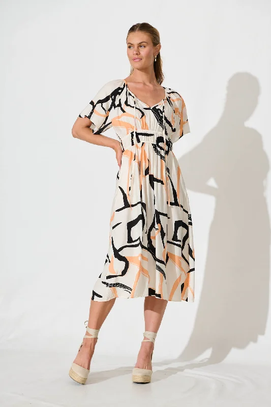 Midi dresses with empire waists for a flattering maternity optionBindi Midi Dress In Beige With Black Print Midi dresses with empire waists for a flattering maternity optionBindi Midi Dress In Beige With Black Print