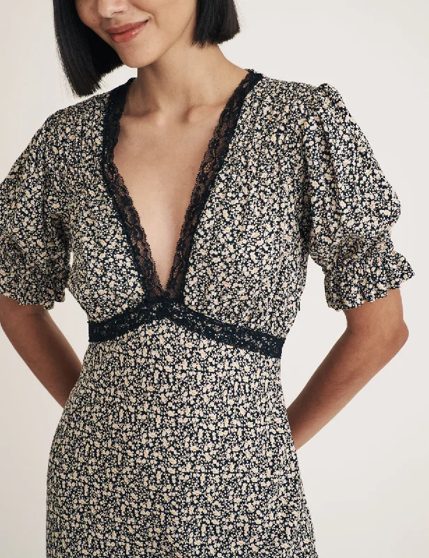 Midi dresses with lace - up fronts for a unique and adjustable styleBlack Floral Lace Detail Angela Midi Dress Midi dresses with lace - up fronts for a unique and adjustable styleBlack Floral Lace Detail Angela Midi Dress