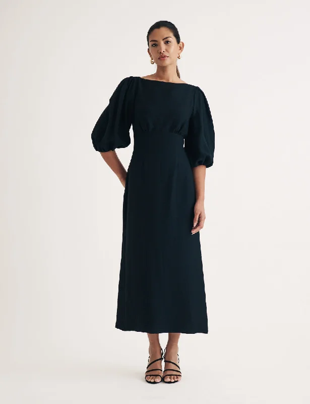 Sheath midi dresses with beaded embellishments for a formal occasionBlack Puff Sleeve Hannah Midi Dress Sheath midi dresses with beaded embellishments for a formal occasionBlack Puff Sleeve Hannah Midi Dress