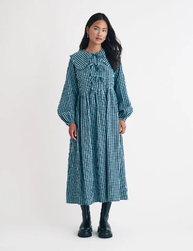 Midi dresses with lace - up fronts for a unique and adjustable styleBlue Gingham Peter Pan Collar Blaze Midi Dress Midi dresses with lace - up fronts for a unique and adjustable styleBlue Gingham Peter Pan Collar Blaze Midi Dress