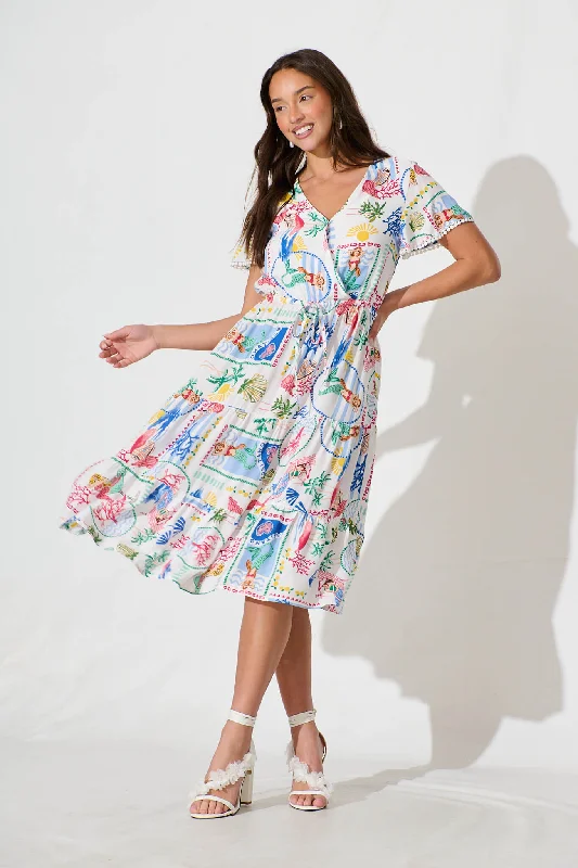 Caspia Midi Dress in White Multi Summer with Ric Rac Trim