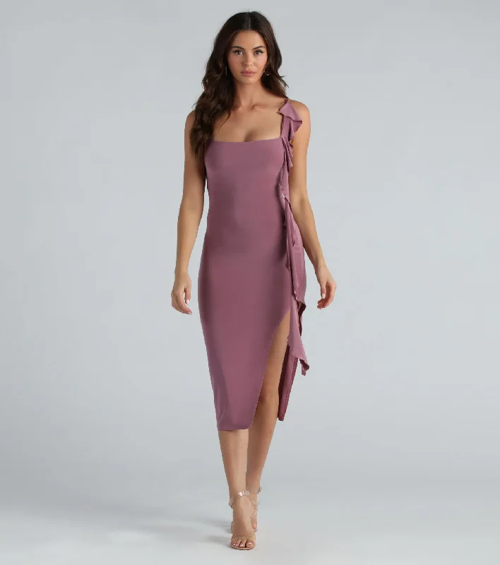Midi dresses with polka dot prints for a playful summer outfitDare To Be Noticed Ruffle Slit Midi Dress Midi dresses with polka dot prints for a playful summer outfitDare To Be Noticed Ruffle Slit Midi Dress