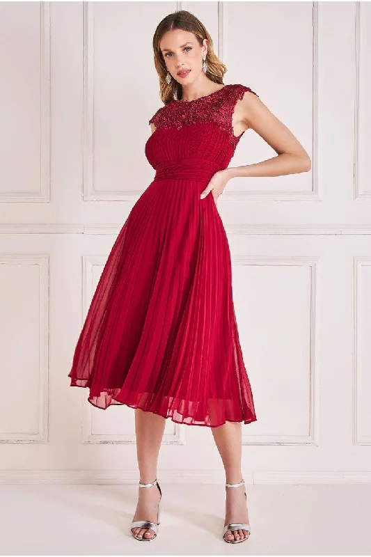 Midi dresses with button - down skirts for a unique and functional designGoddiva Crochet & Pleated Top Midi - Burgundy Midi dresses with button - down skirts for a unique and functional designGoddiva Crochet & Pleated Top Midi - Burgundy