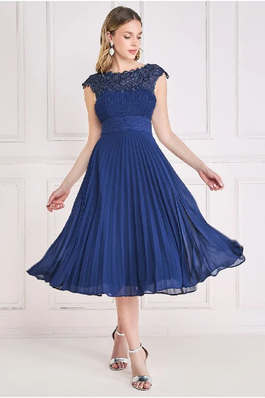 Goddiva Crochet & Pleated Top Midi - Navy