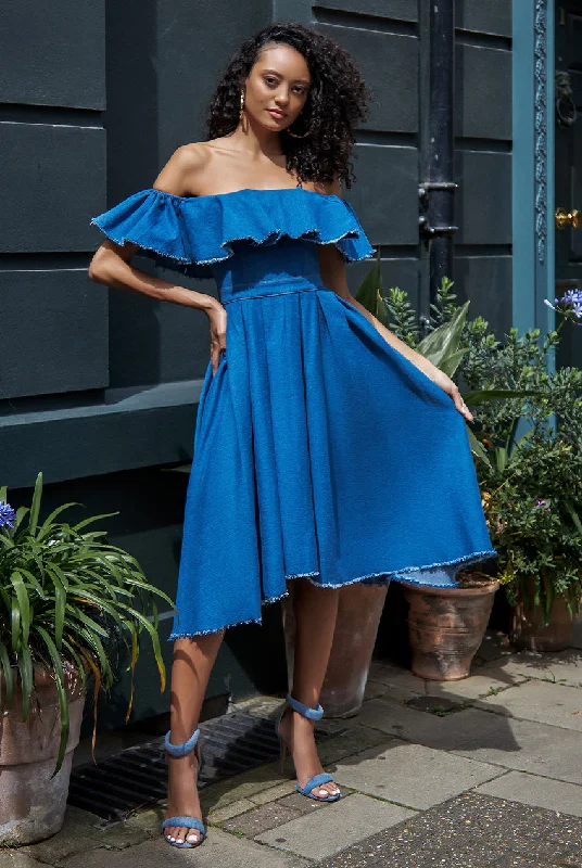 Midi dresses with tiered skirts for a bohemian festival lookGoddiva Denim Frilled Bardot High Low Dress - Blue Denim Midi dresses with tiered skirts for a bohemian festival lookGoddiva Denim Frilled Bardot High Low Dress - Blue Denim
